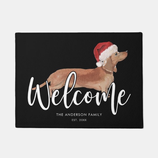Christmas Tan Dachshund Personalised Black Doormat (Front)