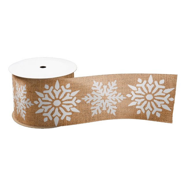 Christmas Tan Faux Burlap with Snowflakes Satin Ribbon (Spool)