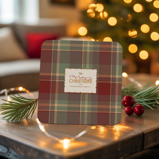 Christmas Tartan Brick Red Green ID1141A Square Paper Coaster (Creator Uploaded)