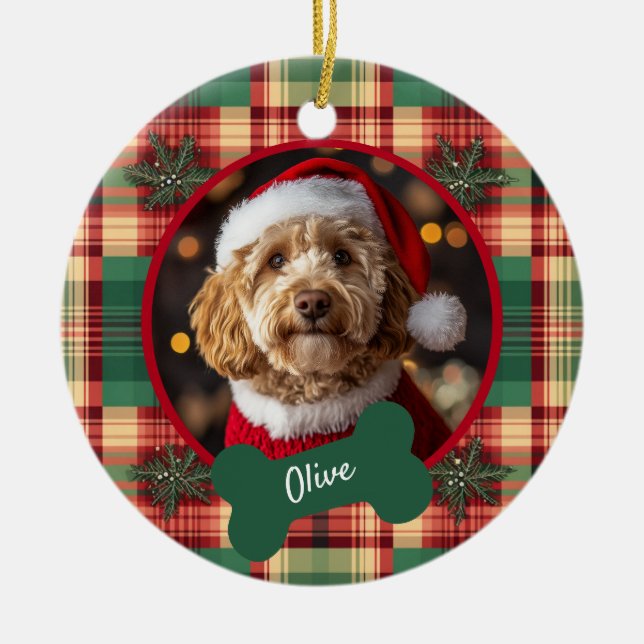 Christmas Tartan Custom Dog Photo Ceramic Ornament (Front)
