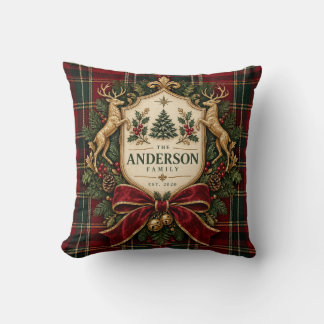 Christmas Tartan Family Crest Throw Pillow
