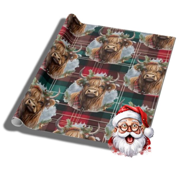 Christmas Tartan hunter green Highlander Cow  Wrapping Paper (Merry Christmas)