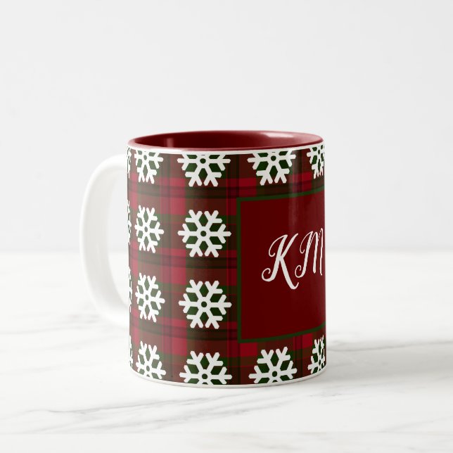 Christmas Tartan Monogram Snowflake Red Green Two-Tone Coffee Mug (Front Left)