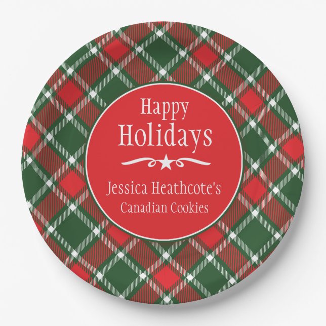 Christmas tartan name cookie exchange paper plate (Front)