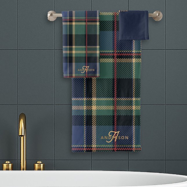 Christmas Tartan Navy Blue Green ID1141B Bath Towel Set (Creator Uploaded)