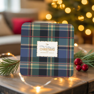 Christmas Tartan Navy Blue Green ID1141B Square Paper Coaster
