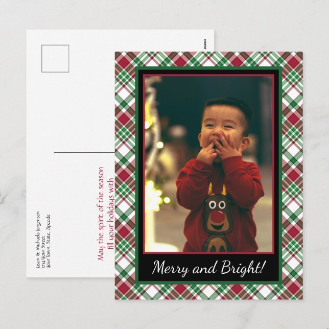 Christmas Tartan or Plaid Merry & Bright Photo Holiday Postcard (Front/Back)