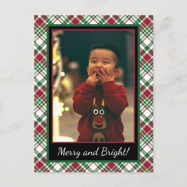 Christmas Tartan or Plaid Merry & Bright Photo Holiday Postcard (Front)