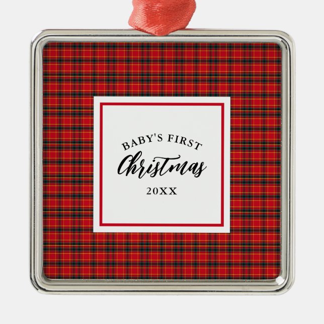 Christmas Tartan Plaid Baby's First Christmas Metal Ornament (Front)