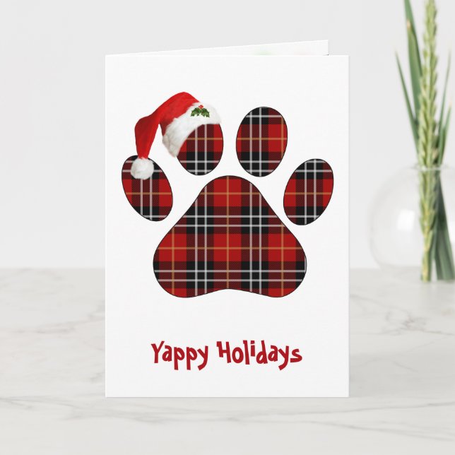 Christmas Tartan Plaid Dog Paw Print and Hat Card (Front)
