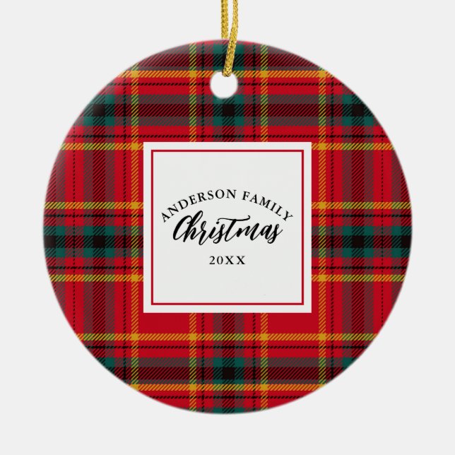 Christmas Tartan Plaid Family Name Year Ceramic Ornament (Front)