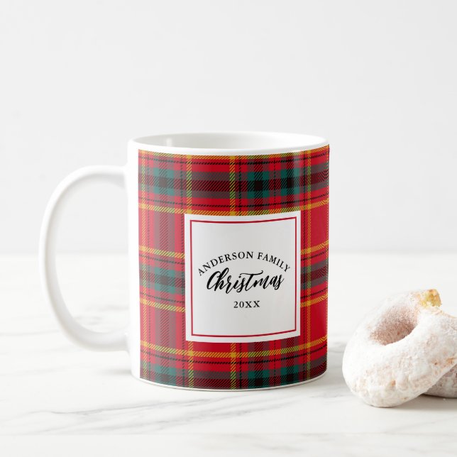 Christmas Tartan Plaid Family Name Year Coffee Mug (With Donut)