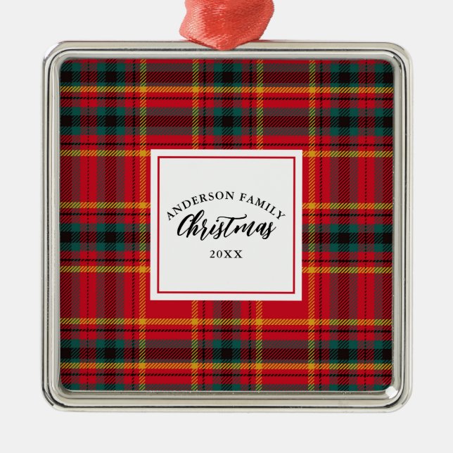 Christmas Tartan Plaid Family Name Year Metal Ornament (Front)