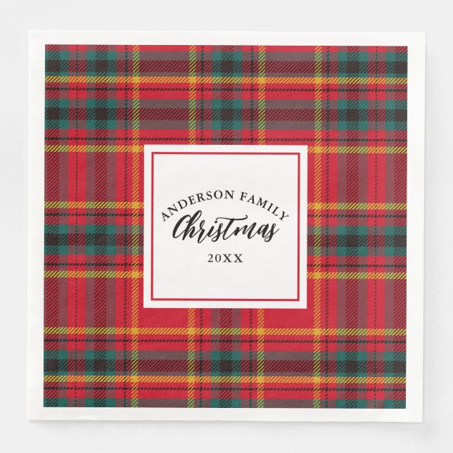 Christmas Tartan Plaid Family Name Year Napkin (Front)