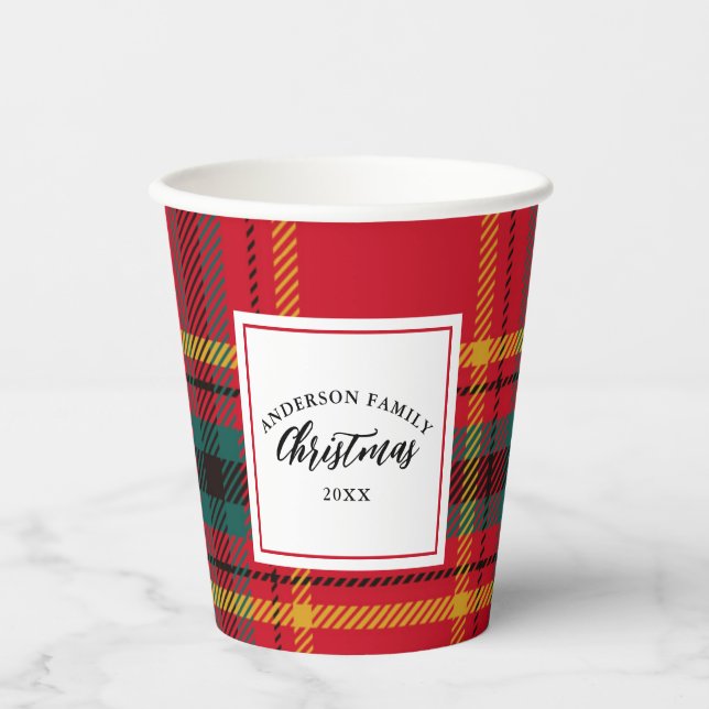 Christmas Tartan Plaid Family Name Year Paper Cups (Front)
