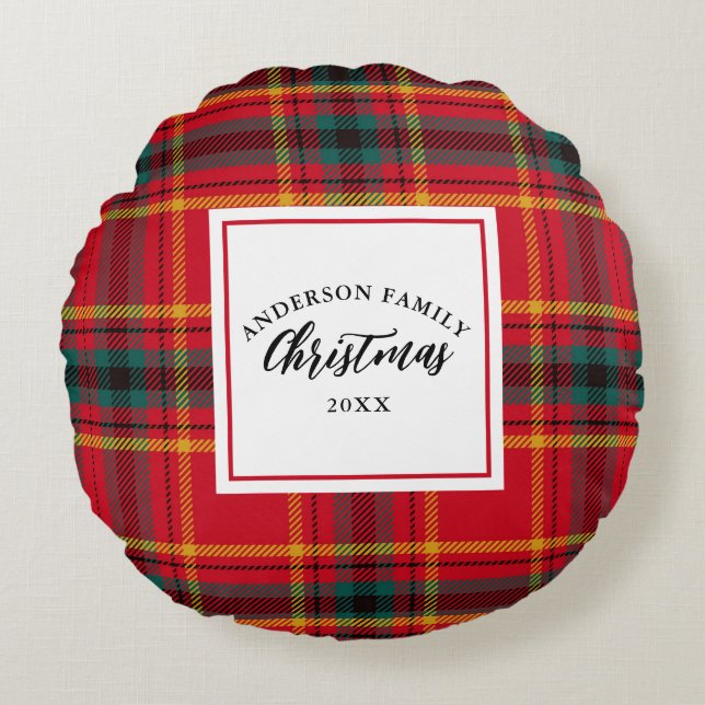 Christmas Tartan Plaid Family Name Year Round Cushion (Front)