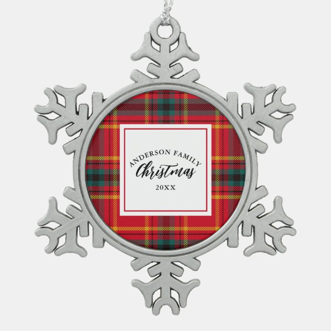 Christmas Tartan Plaid Family Name Year Snowflake Pewter Christmas Ornament (Front)