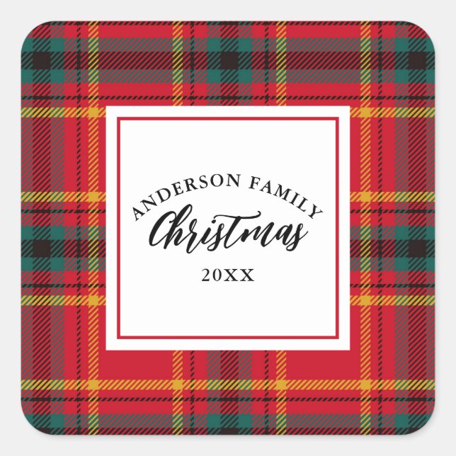 Christmas Tartan Plaid Family Name Year Square Sticker (Front)