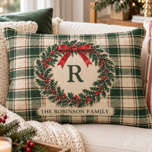 Christmas Tartan Plaid Monogram Surname Wreath Decorative Cushion
