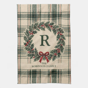 Christmas Tartan Plaid Monogram Surname Wreath Tea Towel