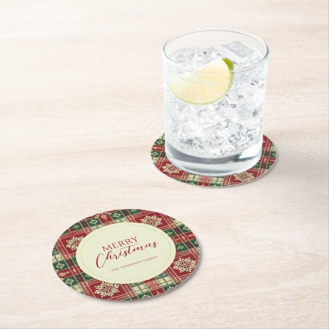 Christmas Tartan Plaid Rustic Round Paper Coaster (Insitu)