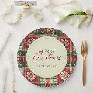 Christmas Tartan Plaid Snowflake Rustic Paper Plate