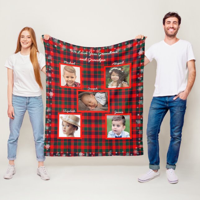 Christmas, Tartan Plaid, Snowflakes, Family Photos Fleece Blanket (In Situ)