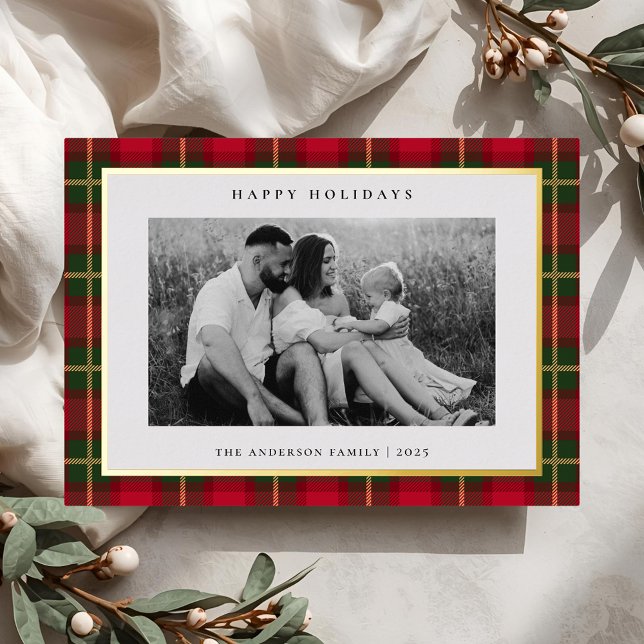 Christmas Tartan Plaid Two Sided Family Photo Foil Holiday Card (Creator Uploaded)