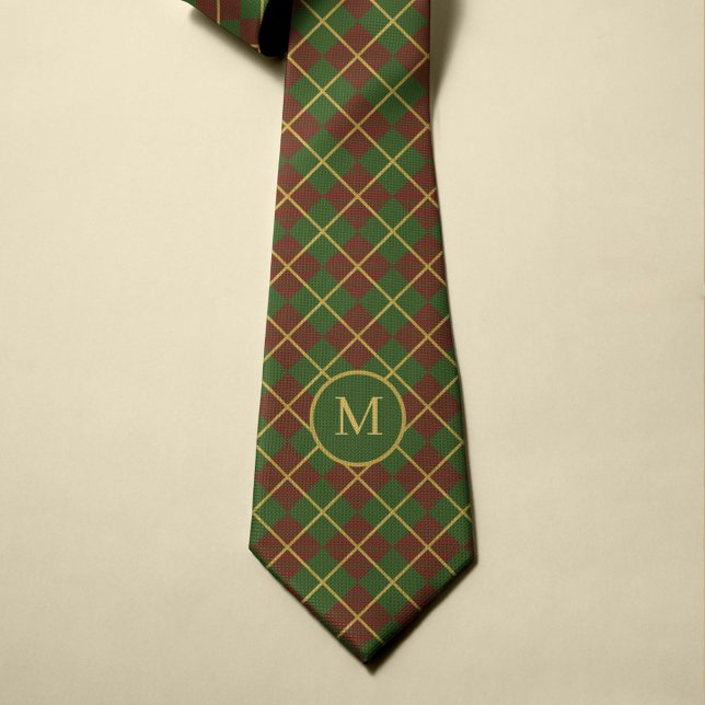 Christmas tartan red green gold monogrammed tie (Creator Uploaded)