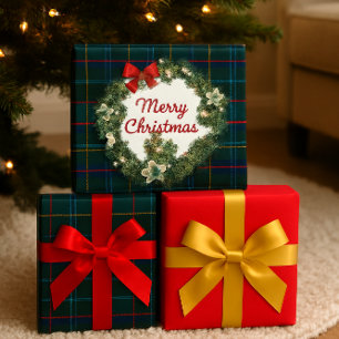 Christmas Tartan with Wreath Craft or Gift Wrapping Paper Sheet