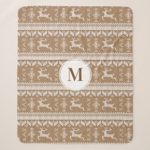 Christmas  Taupe & White Norwegian Deer   Monogram Sherpa Blanket