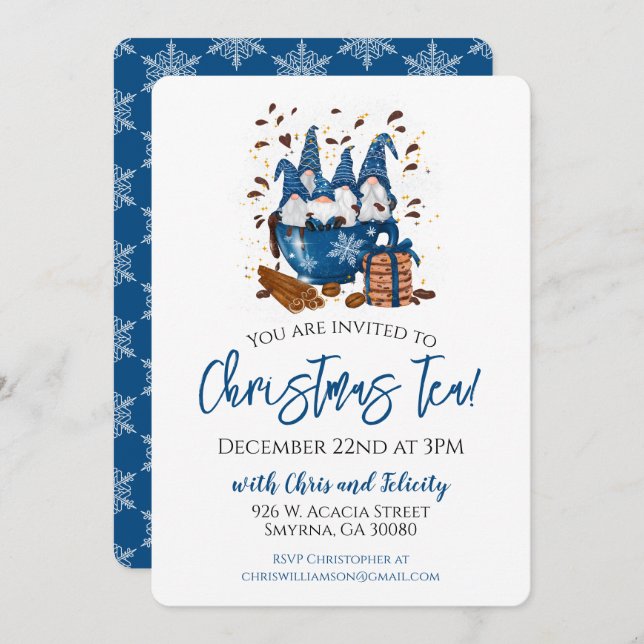 Christmas Tea Blue Gnome Party Invitation (Front/Back)