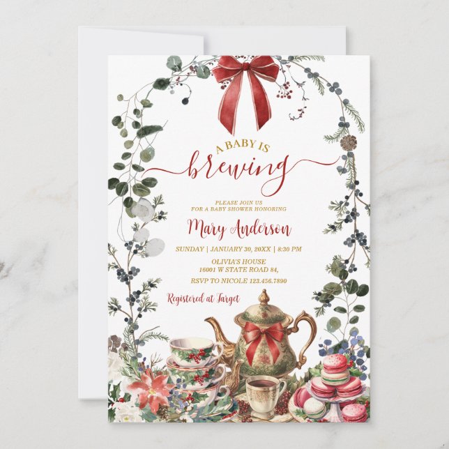 Christmas Tea Party Baby is Brewing Baby Shower Invitation (Front)