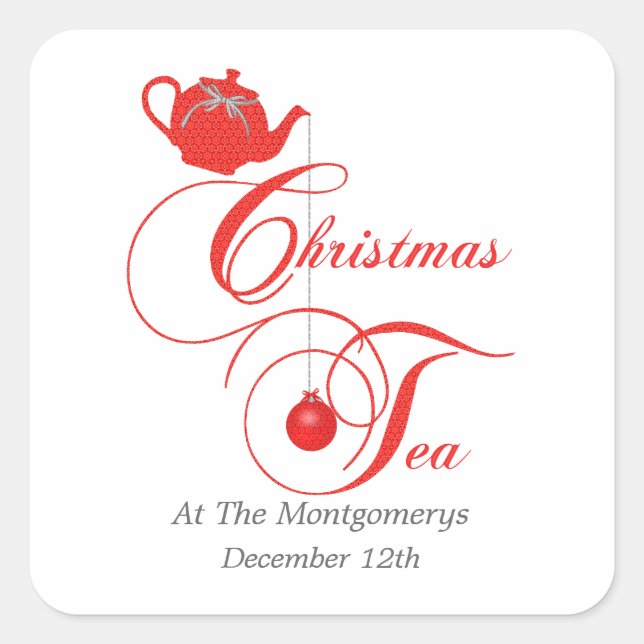 Christmas Tea Party Custom Name and Date Square Sticker (Front)