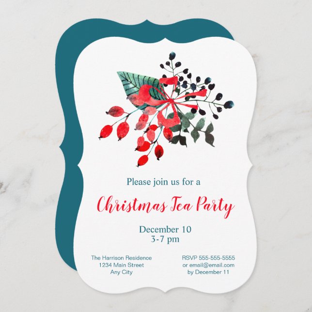 Christmas Tea Party Red Teal Winter Bouquet Invitation (Front/Back)