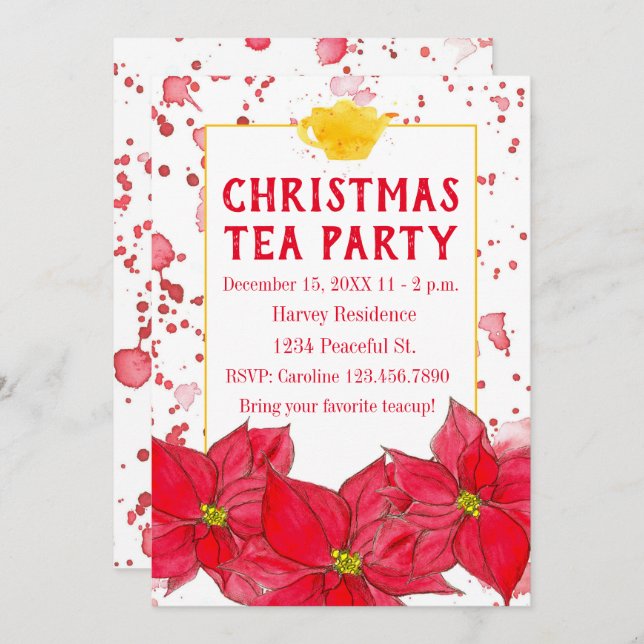 Christmas Tea Party Teapot Poinsettias Invitation (Front/Back)