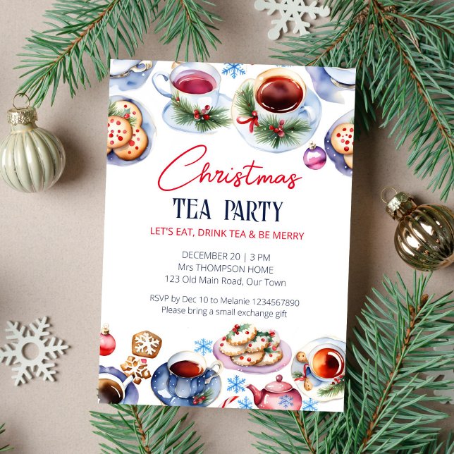 Christmas tea party watercolor template (Christmas tea party template invitation instant download watercolor tea cups and sauces cookies snow)