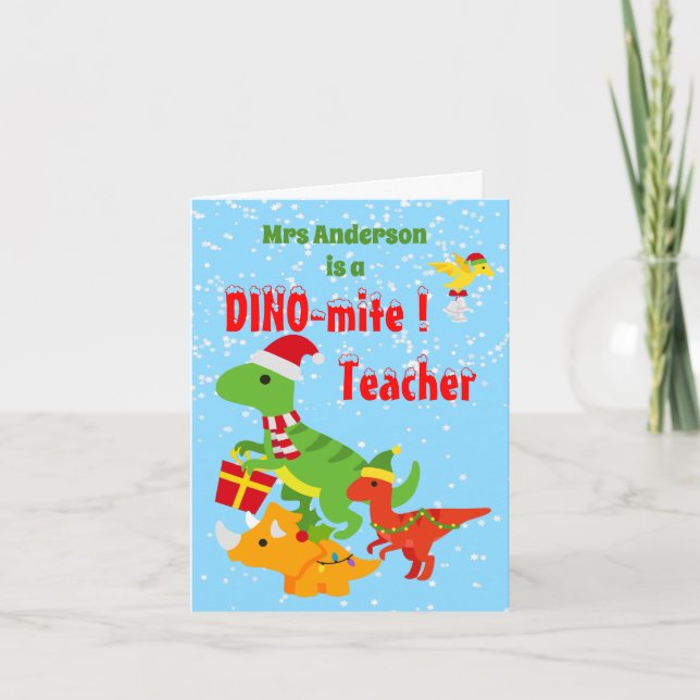 Christmas Teacher Appreciation Kids Dinosaur Thank You Card (Front)