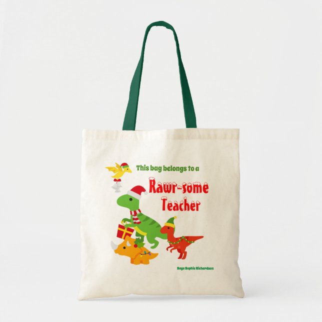 Christmas Teacher Appreciation Kids Dinosaur Tote Bag (Front)