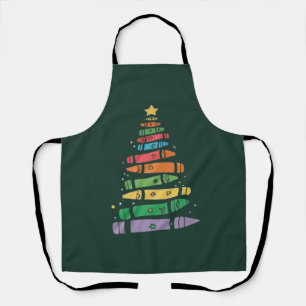 Christmas Teacher Crayon Tree Cute Xmas Lights Apron