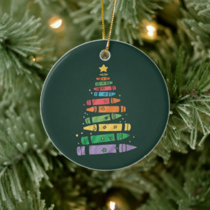 Christmas Teacher Crayon Tree Cute Xmas Lights Ceramic Ornament