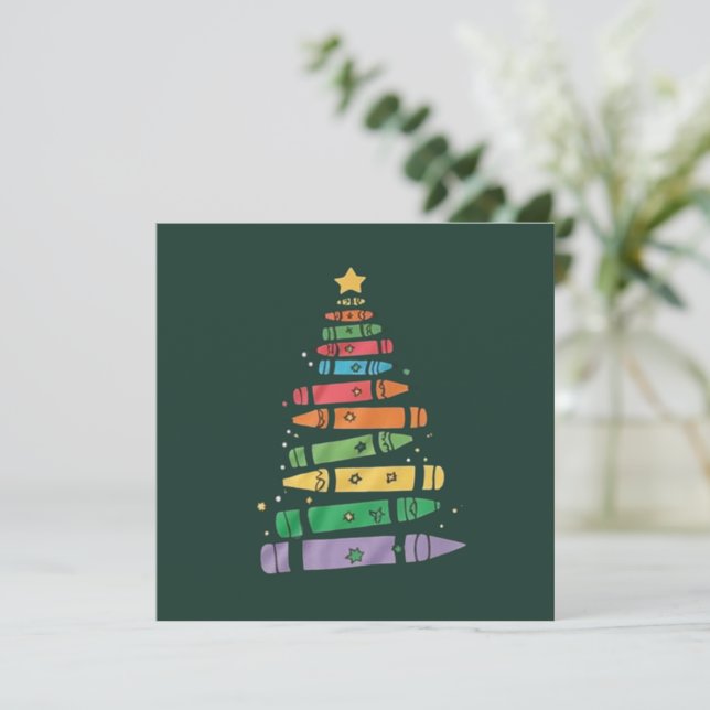 Christmas Teacher Crayon Tree Cute Xmas Lights  Invitation (Standing Front)