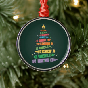Christmas Teacher Crayon Tree Cute Xmas Lights Metal Ornament