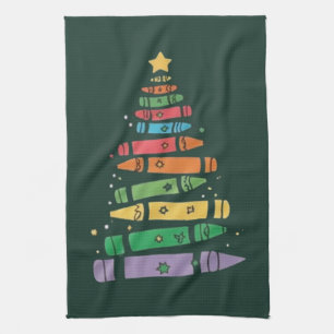 Christmas Teacher Crayon Tree Cute Xmas Lights Tea Towel