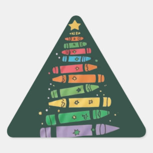 Christmas Teacher Crayon Tree Cute Xmas Lights  Triangle Sticker