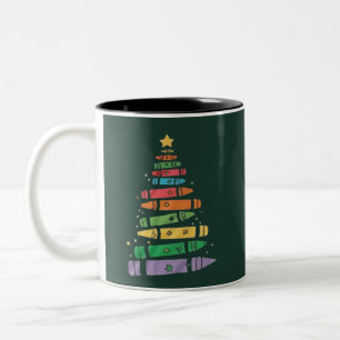 Christmas Teacher Crayon Tree Cute Xmas Lights  Two-Tone Coffee Mug