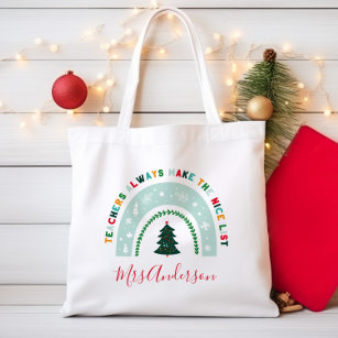Christmas teacher rainbow nice list cute gift tote bag