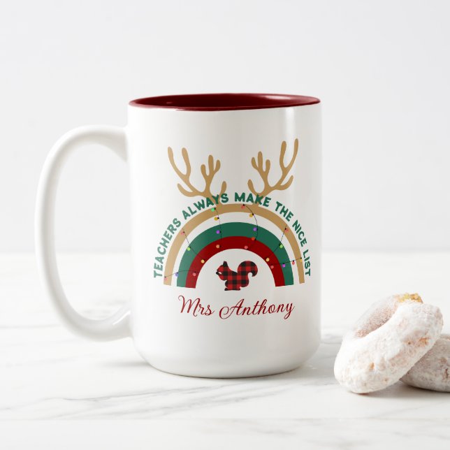 Christmas teacher rainbow nice list cute gift Two-Tone coffee mug (With Donut)