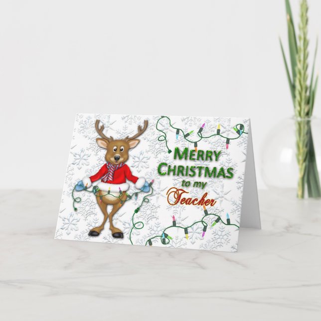 Christmas - Teacher - Reindeer/Lights Holiday Card (Front)
