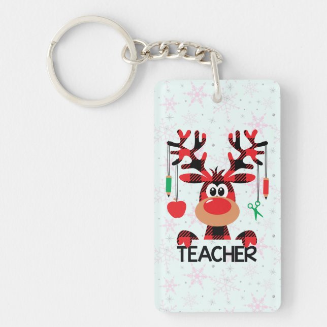 Christmas Teacher with Red Plaid Reindeer Key Ring (Front)